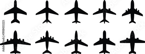 Airplane Silhouette Icon Set, Top View Aircraft Collection, Commercial Passenger Jet Shapes, Aviation Travel Symbols, Black Plane Vector Illustration
