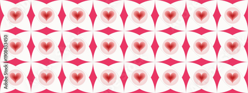 abstract pink heart motif geometric tile pattern with repeating circular and diamond shapes for romantic decorative background surfaces textile print