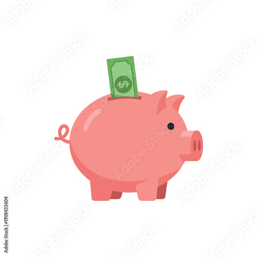 Pink piggy bank with dollar bill being inserted.