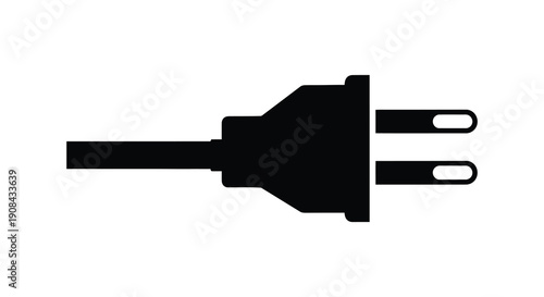 A stark black silhouette depicts a standard electrical plug with two flat prongs against a white backdrop silhouette