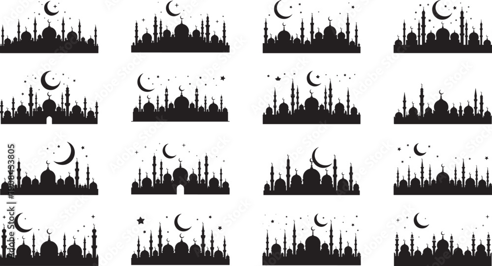 Obraz premium Collection of mosque silhouettes with crescent moons and stars at night
