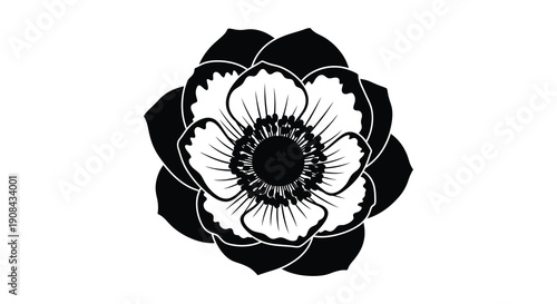 A striking black and white illustration depicts a fully bloomed anemone flower in a bold silhouette high quality