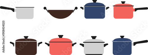 Vector Illustration Set of Various Kitchen Cookware Including Colorful Pots Pans and Wok with Lids for Home Cooking Culinary Arts and Restaurant Menu Design