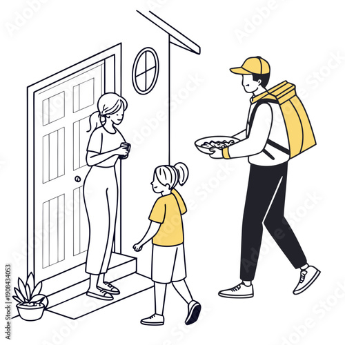 Food delivery person handing package to woman and child at doorstep