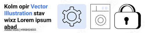 Gear icon for settings, washing machine icon for home appliances, and lock icon for security. Ideal for technology, service, automation, security, management, smart devices simple landing page