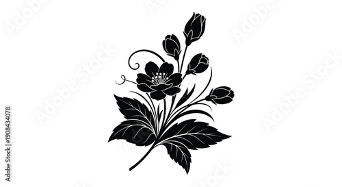 An elegant floral arrangement featuring a blossoming flower and delicate leaves presented as a striking silhouette high quality