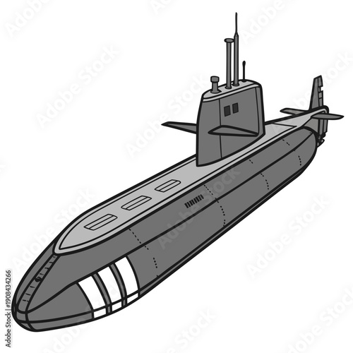 Gray submarine with conning tower and periscope naval submarine