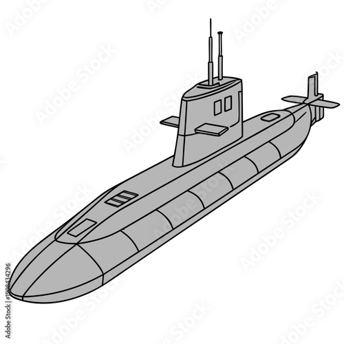 Gray submarine with conning tower and propellers naval submarine