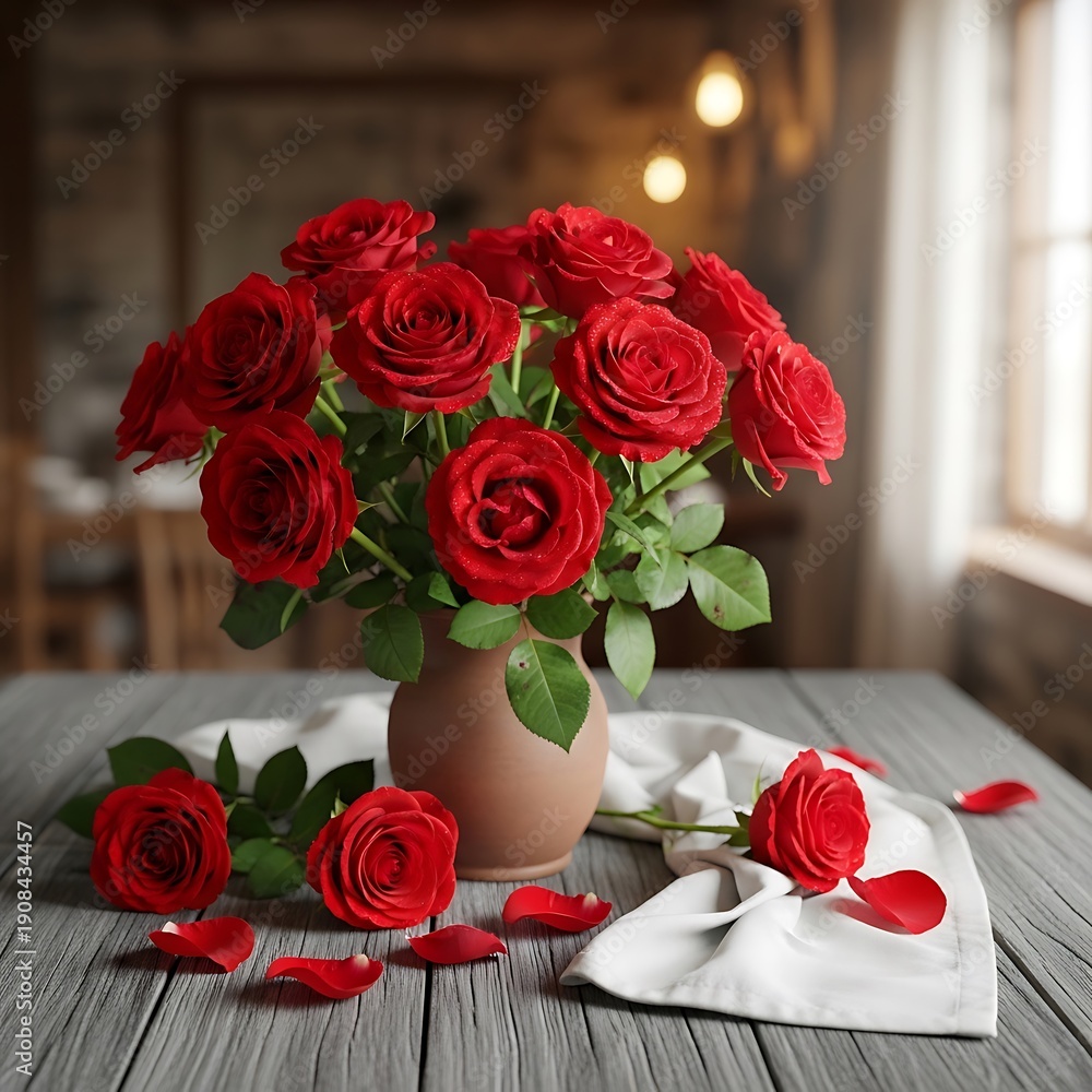 Fototapeta premium A beautiful bouquet of red roses in a vase on a wooden table. isolated on white background
