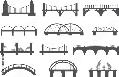 Various bridge designs in minimalist style isolated on transparent background