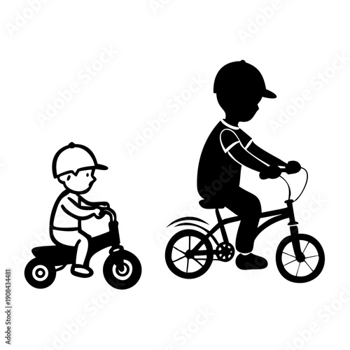 Children riding bicycles in playful motion with silhouettes