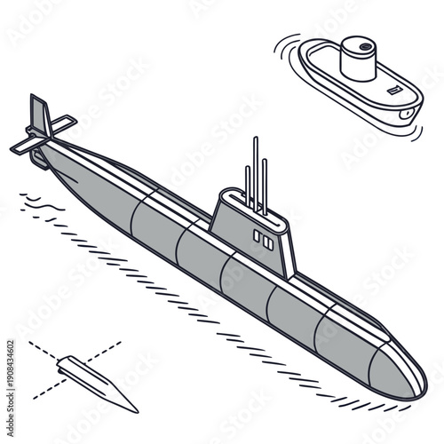 Stealth submarine launching missile with drone overhead