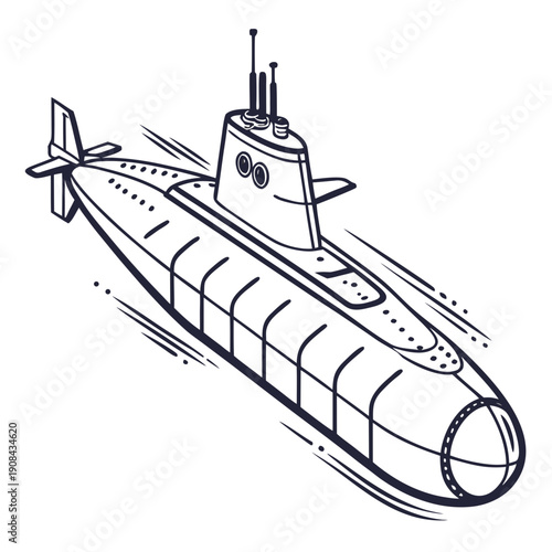 Submarine with conning tower and propellers on white background
