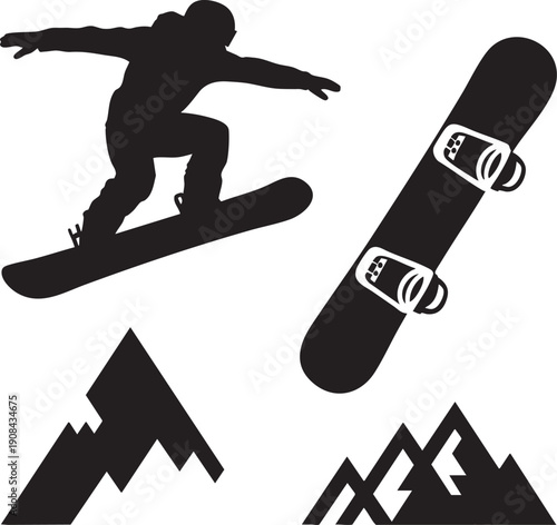 Snowboarder jumping with snowboard and mountains winter extreme sports silhouette vector