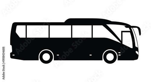 A stark black silhouette of a modern touring bus is prominently displayed against a plain white background silhouette
