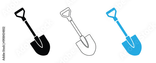 Three shovel icons in black, white, and blue on white background