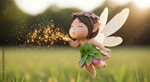 3D rendered fairy with brown hair and flower crown blowing sparkles in a lush green field with warm sunlight and bokeh effect.