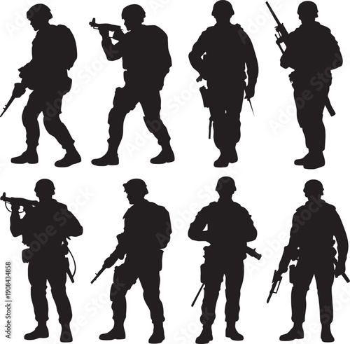 Soldiers with weapons in silhouette for action, military, army, tactical, war, special forces, combat, uniform, gear