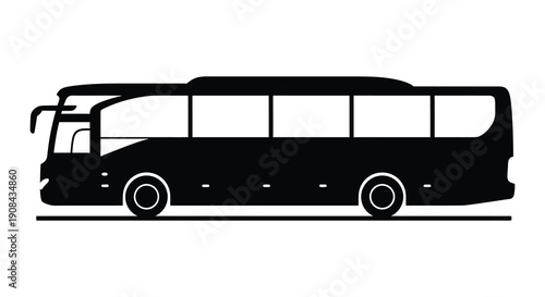A stark black silhouette of a modern touring bus is presented against a bright white background silhouette