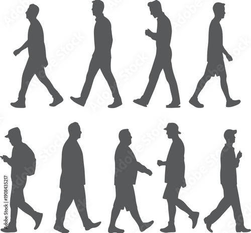 Silhouette walking people in sequential motion isolated on transparent background