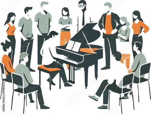 People gathered around a piano player music gathering