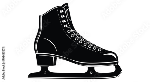 A black and white illustration depicts a single ice skate showcasing its detailed design and metallic blade