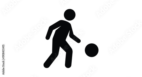 A simple black silhouette depicts a person actively kicking or playing with a circular object high quality professional