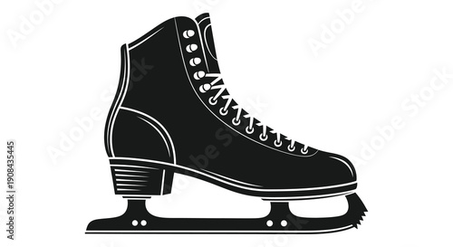 A stark black and white illustration depicts a single ice skate viewed in profile showcasing its design high quality professional