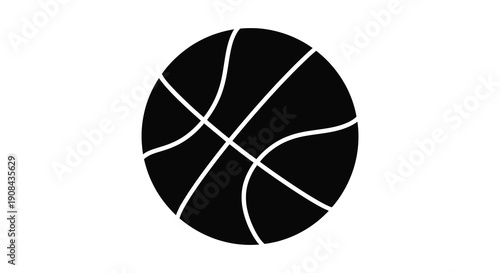 A simple graphic depiction of a black basketball with prominent white lines defining its segmented panels high quality