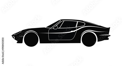 A sleek black silhouette of a classic sports car is presented in a side profile view high quality