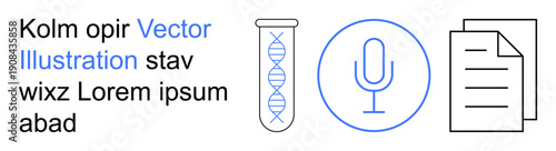 Science, communication, research, documentation, technology, organization. DNA strand in a test tube, microphone and documents. Scientific research and communication in modern contexts