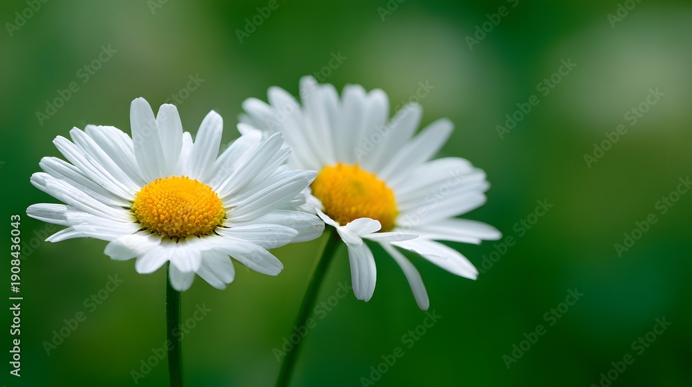 Fototapeta premium Two Delicate White Daisy Flowers Bloom in Soft Green Garden.