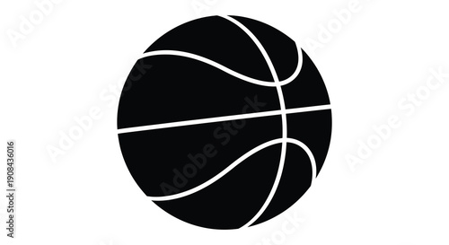 A stark black and white illustration depicts a classic basketball with prominent panel lines and curves high quality professional detailed