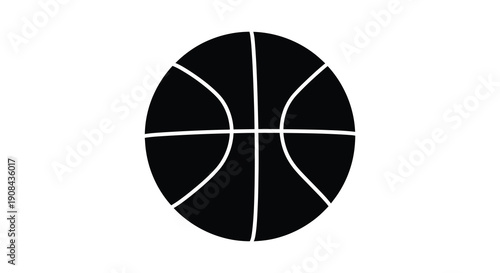 A stark minimalist graphic depicts a black basketball with prominent white lines defining its segmented surface high quality