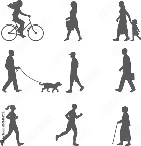 Silhouette people engaged in various activities isolated on transparent background