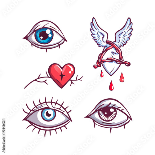 Vibrant tattoo designs featuring eyes and heart with arrow