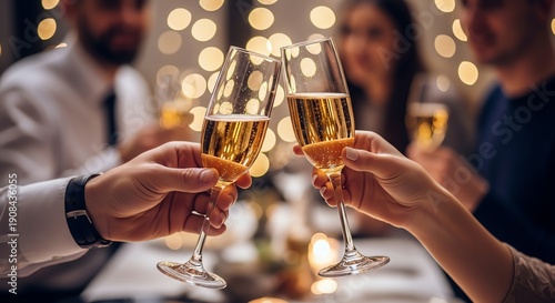 Close-up of people clinking champagne glasses together at a festive table with blurred guests and warm lights in the background.