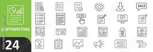 Collection of 20 black and white icons related to copyrighting and documents
