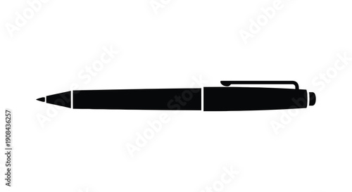 A minimalist black and white silhouette depicts a classic ballpoint pen lying horizontally on a white background high quality professional