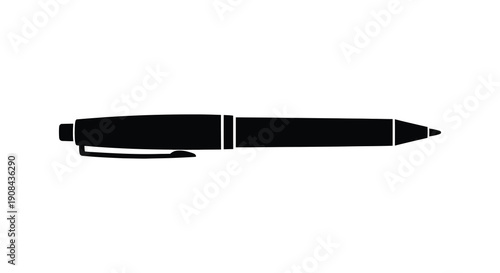 A minimalist black silhouette depicts a classic ballpoint pen lying horizontally on a white background high quality professional