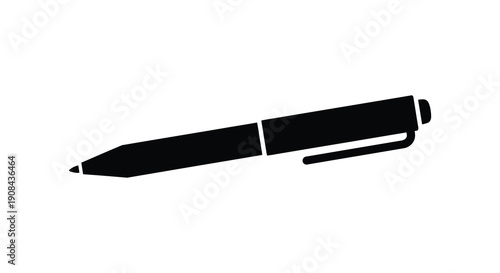 A simple black silhouette of a ballpoint pen is displayed against a stark white background isolated high quality