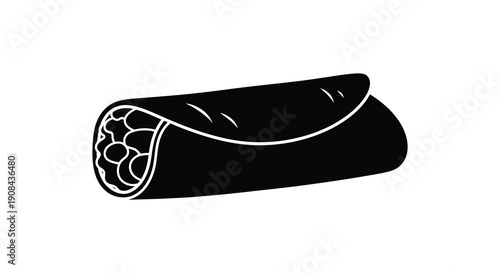 A simple black and white illustration depicts a wrapped burrito with visible filling and a gently curved shape
