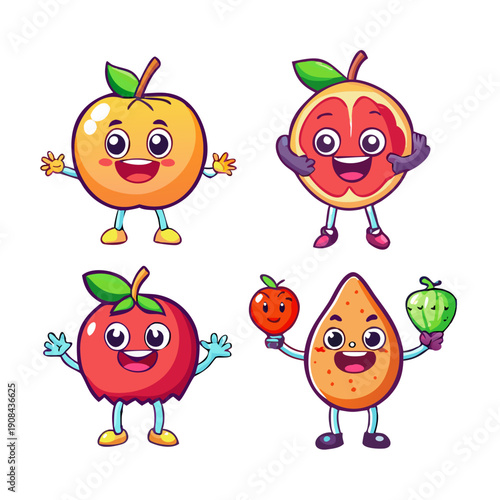 Colorful cartoon fruits with happy faces and arms