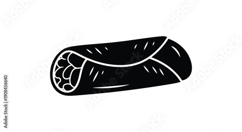 A simple black and white line drawing depicts a burrito showcasing its wrapped form and internal filling