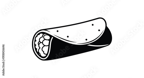 A black and white illustration depicts a wrapped burrito with visible fillings showcasing a simple food graphic