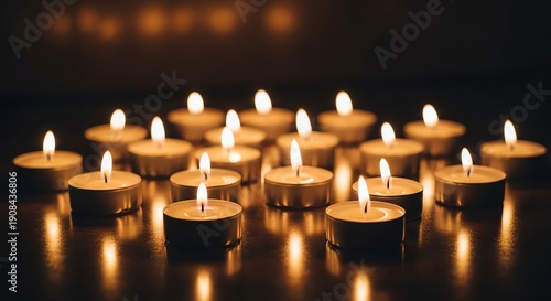 Close-up shot of multiple lit tea lights arranged in rows on a dark surface with warm, soft glow and shallow depth of field.