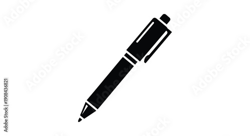 A minimalist black and white illustration depicts a simple ballpoint pen lying on a white background high quality professional detailed
