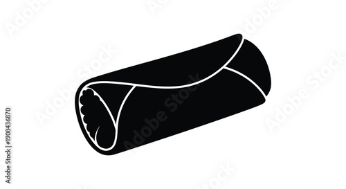 A simple black and white illustration depicts a rolled up burrito showing its shape and internal layers high quality