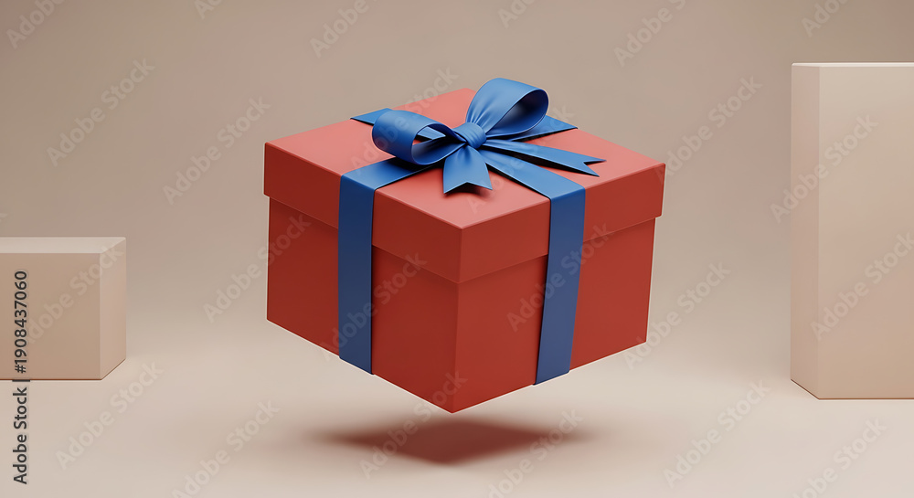 Fototapeta premium A vibrant red gift box with a blue ribbon floating in mid-air. isolated on transparent background, isolated on white background, illustration