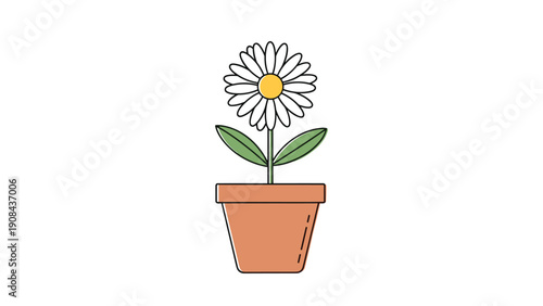 Colorful illustration of a single blooming daisy flower with white petals and a yellow center growing in a terracotta pot.
